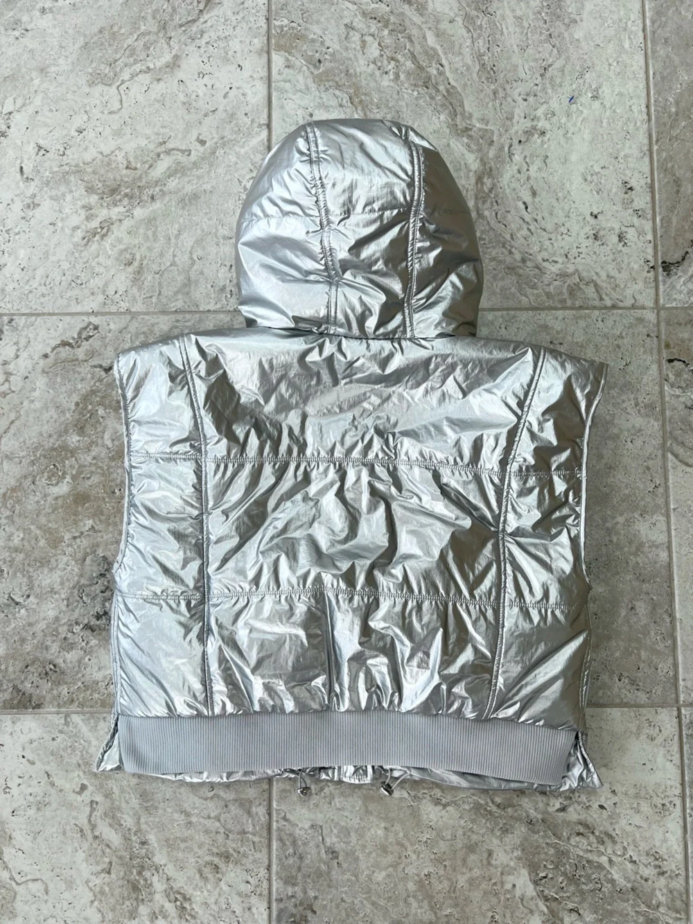 Daily Practice Anthropologie NWT Metallic Silver Hooded Puffer Vest Pockets, S